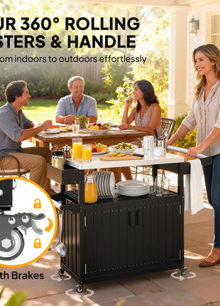 Outdoor Bar Cart with Storage, Stainless Steel Outdoor Bar Table Top, Wheeled HDPE Kitchen Island for Food Prep, Black