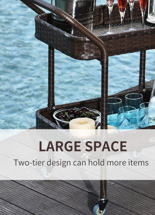 PE Rattan Outdoor Bar Table, Outdoor Kitchen Island with 2-Tier Shelf, Wheeled Patio Serving Cart with Brakes for Poolside, Garden, Brown