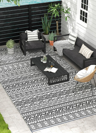 Reversible Outdoor Rug Carpet RV Camping Rugs with Carry Bag, 9' x 18', Gray & Cream White Boho