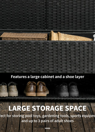 Outdoor Deck Box & Shoe Storage, PE Rattan Wicker Towel Rack with Liner for Indoor, Outdoor, Patio Furniture Cushions, Pool, Garden Tools, Black