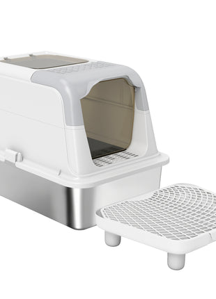 Extra Large Stainless Steel Litter Box, Enclosed Cat Litter Box with Scoop, Deodorizer Bag, Sand Drop Pedal