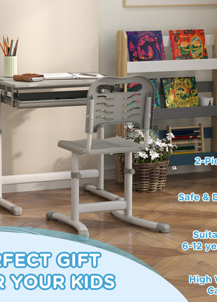 Height Adjustable Kids Desk and Chairs Set with Tilt Desktop, Storage Drawer, Pen Slot, Hook, Gray