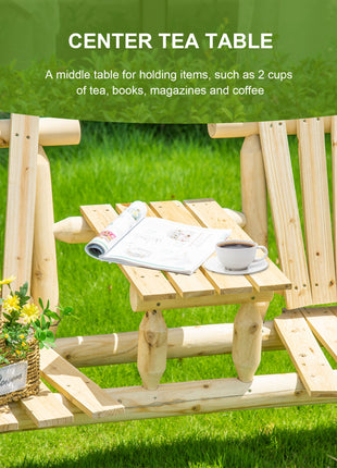 2-Seat Wooden Adirondack Chair, Patio Bench with Table, Outdoor Loveseat Fire Pit Chair for Porch, Backyard, Deck, Natural