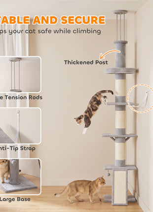 90.6" -102.4" Floor-to-Ceiling Cat Tree Adjustable Height with 3-Rod Support, 5-Level Cat Tower, Light Gray