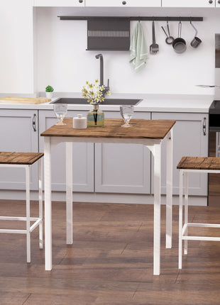 3 Piece Industrial Counter Height Dining Table Set, Bar Table & Chairs with Steel Legs & Footrests, White
