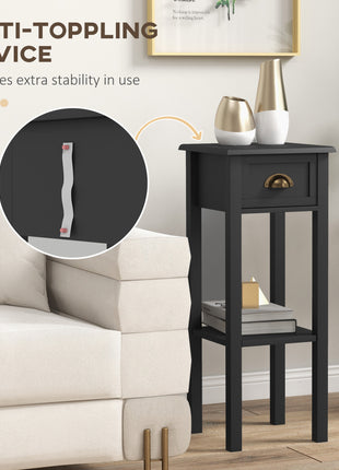 2-Tier Side Tables Set of 2 with Drawer and Shelf, 2 Pieces End Tables for Living Room and Hallway, Black