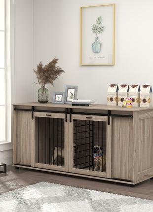 71" Modern Dog Kennel Furniture with Removable Divider, Storage for 2 Small Dogs or 1 Large Dog, Walnut
