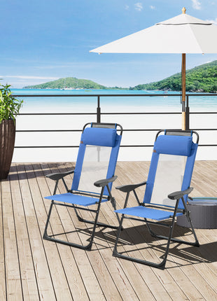 Folding Patio Dining Chairs Set of 2, Outdoor Deck Chair with Removable Headrest, Camping Chair with Adjustable Sling Back for Garden, Backyard, Lawn, Blue