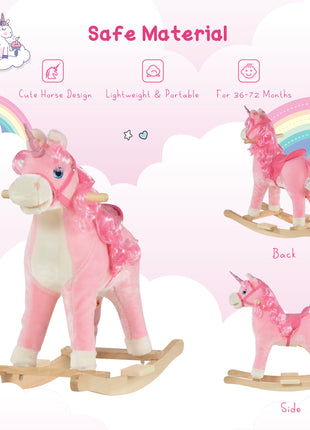 Kids Rocking Horse, Ride on Unicorn with Wooden Base, Tail Wag & Sounds for Toddlers 3-6 Years Old, Pink