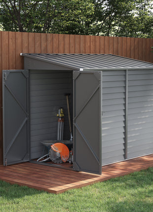 4.6' x 9' Outdoor Storage Shed, Lean to Metal Shed with Foundation Kit, Lockable Doors and Gloves for Patio, Lawn, Gray