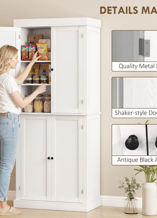 72" Kitchen Cabinet, Pantry Storage Cabinet with Doors and Shelves, Freestanding Food Pantry Cabinet, White Wood Grain