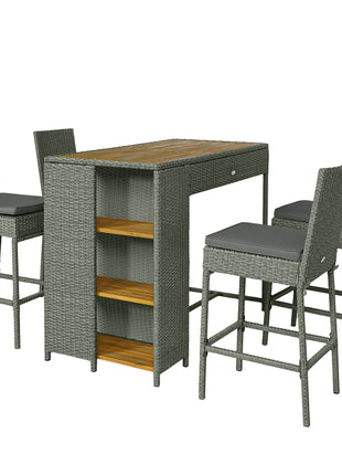 5 Piece Wicker Outdoor Bar Set, Acacia Wood Outdoor High Top Table and Chairs with 3 Tier Shelves, Cushions, Gray