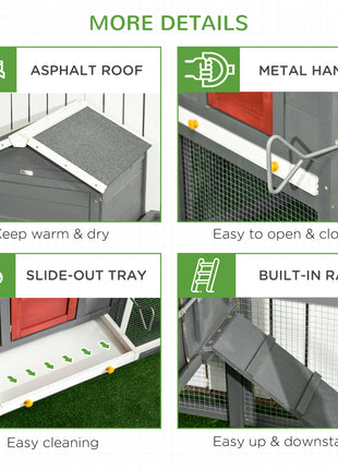 118" Extra Large Chicken Coop with Asphalt Roof, Wooden Hen Run with Slide-Out Tray and Nesting Box, Chicken Hutch for 3-6 Chickens, Gray