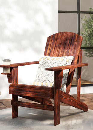 Oversized Adirondack Chair, Outdoor Fire Pit and Porch Seating, Classic Log Lounge w/ Built-in Cupholder, Brown
