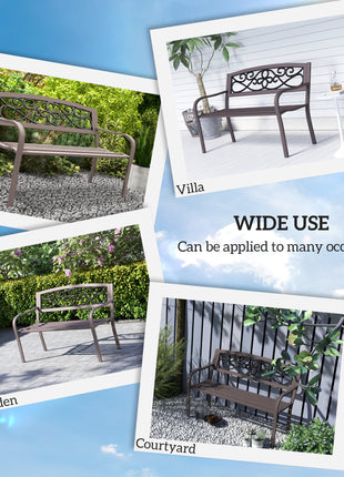 50" Outdoor Bench, Metal Garden Bench with Floral Pattern Backrest, Porch Bench with Slatted Seat for Park, Yard, Lawn, Brown