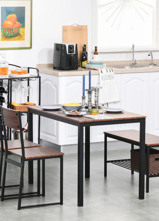Industrial 4 Piece Dining Room Table Set with Bench Wooden Kitchen Table and Chairs w/ Storage Rack for Kitchen, Dinette, Rustic Brown/Black