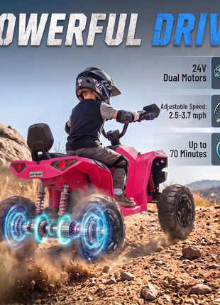 24V 2 Seater Ride On Toys, Kids ATV 4 Wheeler with Dual Motors, High & Low Speed for Boys Girls Aged 3-8 Years, Pink