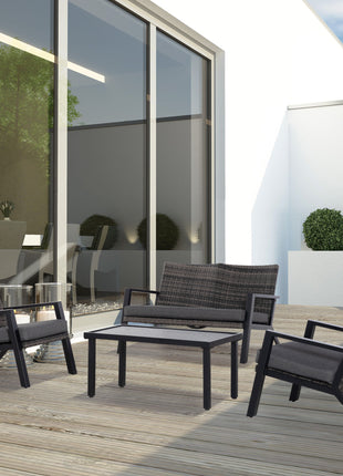 4 Piece Patio Furniture Set, 2 PE Wicker Chairs, Loveseat Sofa, Outdoor Coffee Table, Soft Cushions, Couch & Armchairs for Backyard, Garden, Black