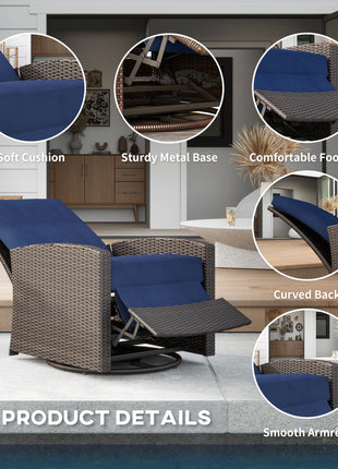 Outdoor Wicker Chair, Reclining Backrest, Lifting Footrest, 360° Rotating Basic, Water Resistant Cushions, Dark Blue
