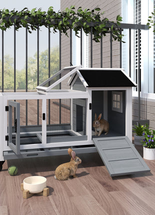 Wooden Rabbit Hutch with Wheels, Run, Slide-out Tray for Small Animals, Guinea Pig, Blue