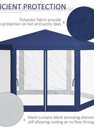 13' x 11' Outdoor Party Tent, Hexagon Sun Shade Shelter Canopy w/ Protective Mesh Screen Sidewalls, Ropes & Stakes, Blue