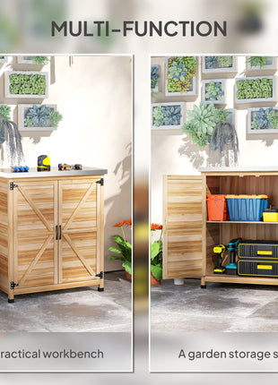 Wooden Storage Cabinet, Outdoor Prep Table w/ Metal Tabletop, Shelves and Double Doors for Patio, Garden, Natural Wood
