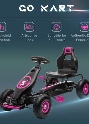 Ergonomic Pedal Go Kart Kids Ride-on Toy with Tough, Wear-Resistant Tread for Boys & Girls, Ages 5-12, Pink