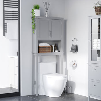 Modern Over The Toilet Storage Cabinet, Double Door Bathroom Organizer with Inner Adjustable Shelf and Open Shelf, Gray