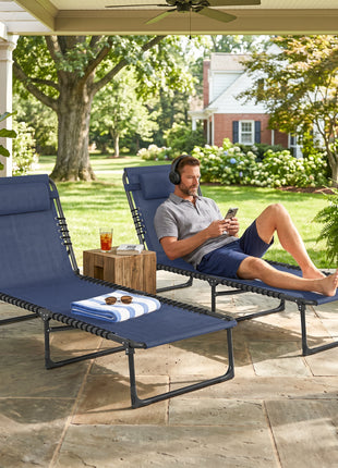 2 Folding Chaise Lounge Pool Chairs with 4-Position Reclining Back, Pillow, Breathable Mesh & Bungee Seat, Dark Blue