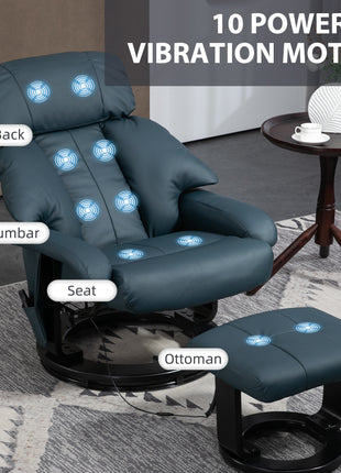 Swivel Recliner with Ottoman, Faux Leather Reclining Chair with Massage, Footstool Remote and Side Pocket, Blue