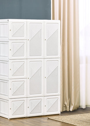 Portable Wardrobe Closet, Folding Clothes Storage Organizer with 8 Cube Compartments, 2 Hanging Rods, 11 Magnet Doors, White