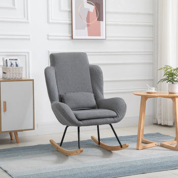 Modern Rocking Chair with Removable Lumbar Pillow Fabric Sofa Armchair with Thick Padding, Metal Frame, Wood Base for Living Room, Light Gray