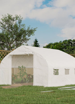 11.5' x 10' x 6.5' Walk-in Tunnel Greenhouse, Green House with Zippered Mesh Door, 7 Mesh Windows & Roll-up Sidewalls, Upgraded Gardening Plant Hot House with Galvanized Steel Hoops, White