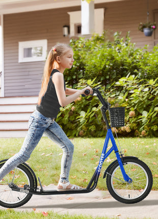 Youth Scooter, Kick Scooter with Adjustable Handlebars, Double Brakes, 16" Inflatable Rubber Tires, Basket, Blue