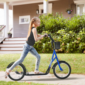 Youth Scooter, Kick Scooter with Adjustable Handlebars, Double Brakes, 16" Inflatable Rubber Tires, Basket, Blue