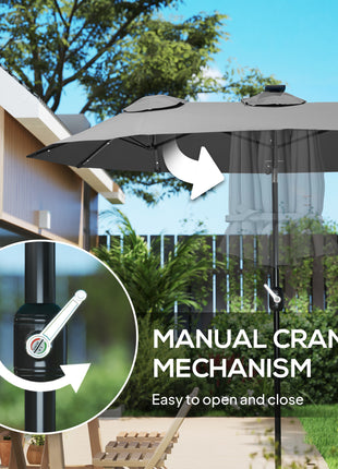 Double-sided Patio Umbrella, 9.7' Outdoor Umbrella with Tilt and Crank, LED Solar Light and 12 Ribs, Gray
