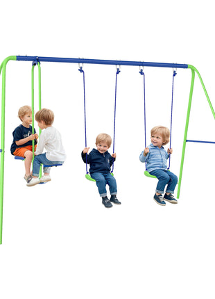 Metal Swing Set with Glider, Two Swing Seats and Adjustable Height, Outdoor Heavy Duty A-Frame Suitable for Playground, Backyard, Green