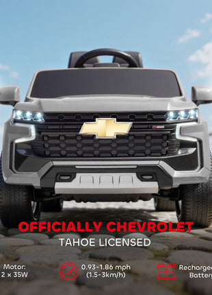 Licensed Chevrolet Tahoe Ride On Car, 12V 7AH Battery Power Ride On Toy with Parent Remote Control, LED Lights, Music, 4 Wheeler Suspension, 3 Speeds, Kids Electric Vehicle for Aged 3+, Gray