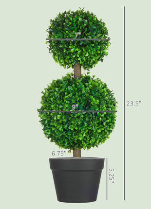 2 Pcs 23.6" Artificial Boxwood Ball Topiary Tree Set of 2 Fake Plants in Pot with Double Ball-Shaped Leaves Green
