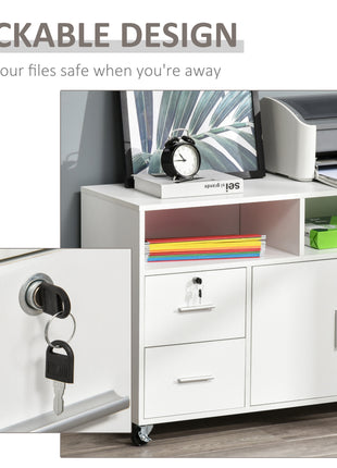 Printer Stand Home Office Mobile Storage Cabinet Organizer Desktop with Caster Wheels, 2 Locking Breaks and Drawer, White