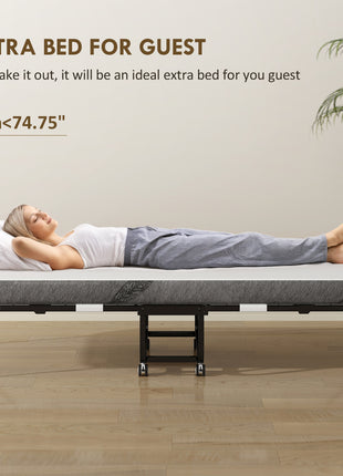 Folding Bed with Mattress for Adults, Long Twin Size, Portable Foldable Bed with 4" Foam Mattress & Space-Saving Steel Frame, 79" x 35", Fold Up, Roll Away & Hideaway, White