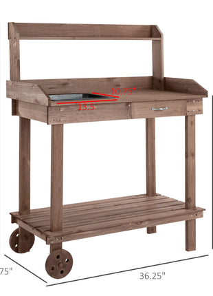 36'' Wooden Potting Bench Work Table with 2 Removable Wheels, Sink, Drawer & Large Storage Spaces, Brown