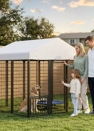 5.9' x 5.9' x 6' Outdoor Dog Kennel with Roof, Rotating & 4-Level Adjustable Bowls