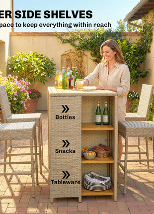 5 Piece Wicker Outdoor Bar Set, Acacia Wood Outdoor High Top Table and Chairs with 3 Tier Shelves, Cushions, Brown