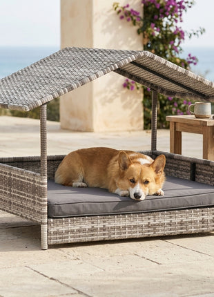 Wicker Dog House Elevated Raised Rattan Bed with Removable Cushion Lounge, Charcoal Gray