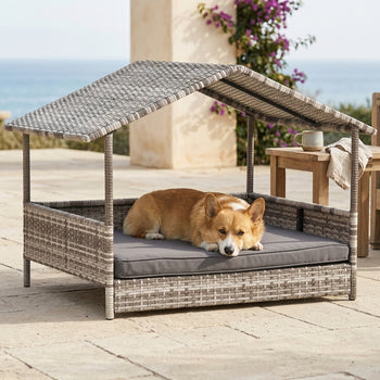 Wicker Dog House Elevated Raised Rattan Bed with Removable Cushion Lounge, Charcoal Gray