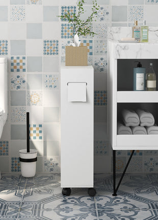 Toilet Paper Cabinet, Slim Bathroom Cabinet with 4 Rolling Wheels, Small Bathroom Storage Cabinet with Paper Holes, Sliding Doors and Adjustable Shelf for Small Space, White