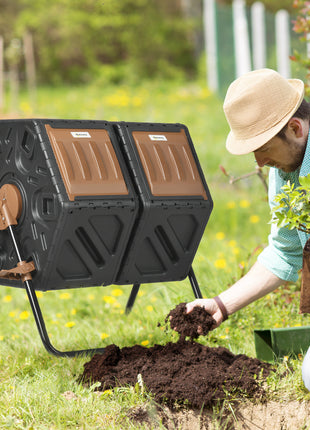 Dual Chamber Compost Tumbler Bin, Outdoor Tumbling Composter with 24 Ventilation Openings and Steel Legs, 34.5 Gallon