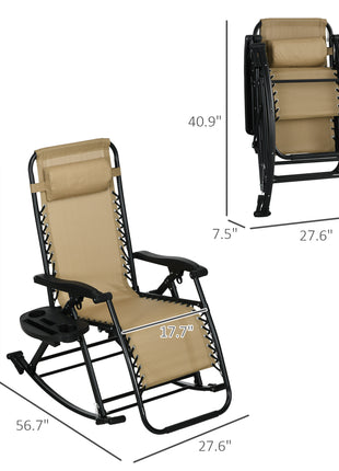 2 Outdoor Rocking Chairs Foldable Reclining Zero Gravity Lounge Rockers w/ Pillow Cup & Phone Holder, Beige