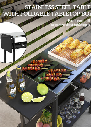 2-Tier Shelf Outdoor Bar Cart, Stainless Steel Tabletop Patio Serving Cart with Accessories for Poolside, Garden, Black
